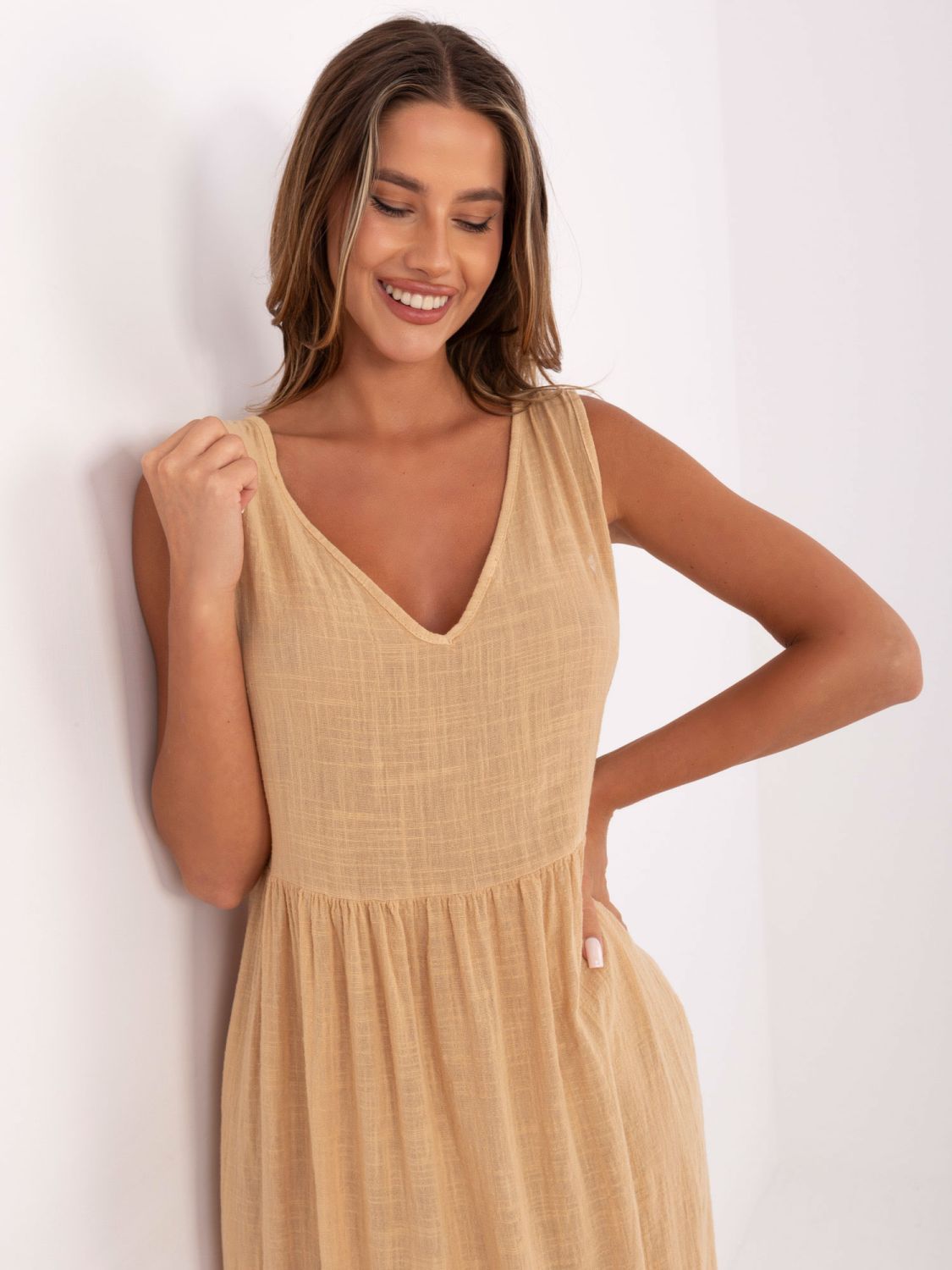 Maxi Dress with V Neckline in Camel Color