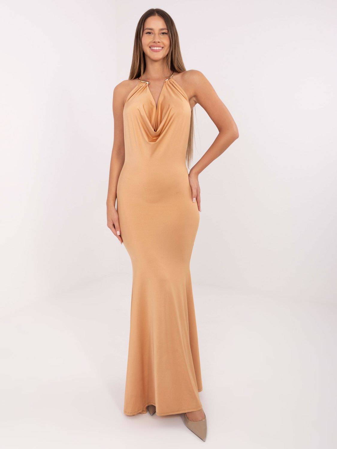Elegant camel maxi dress with waterfall neckline