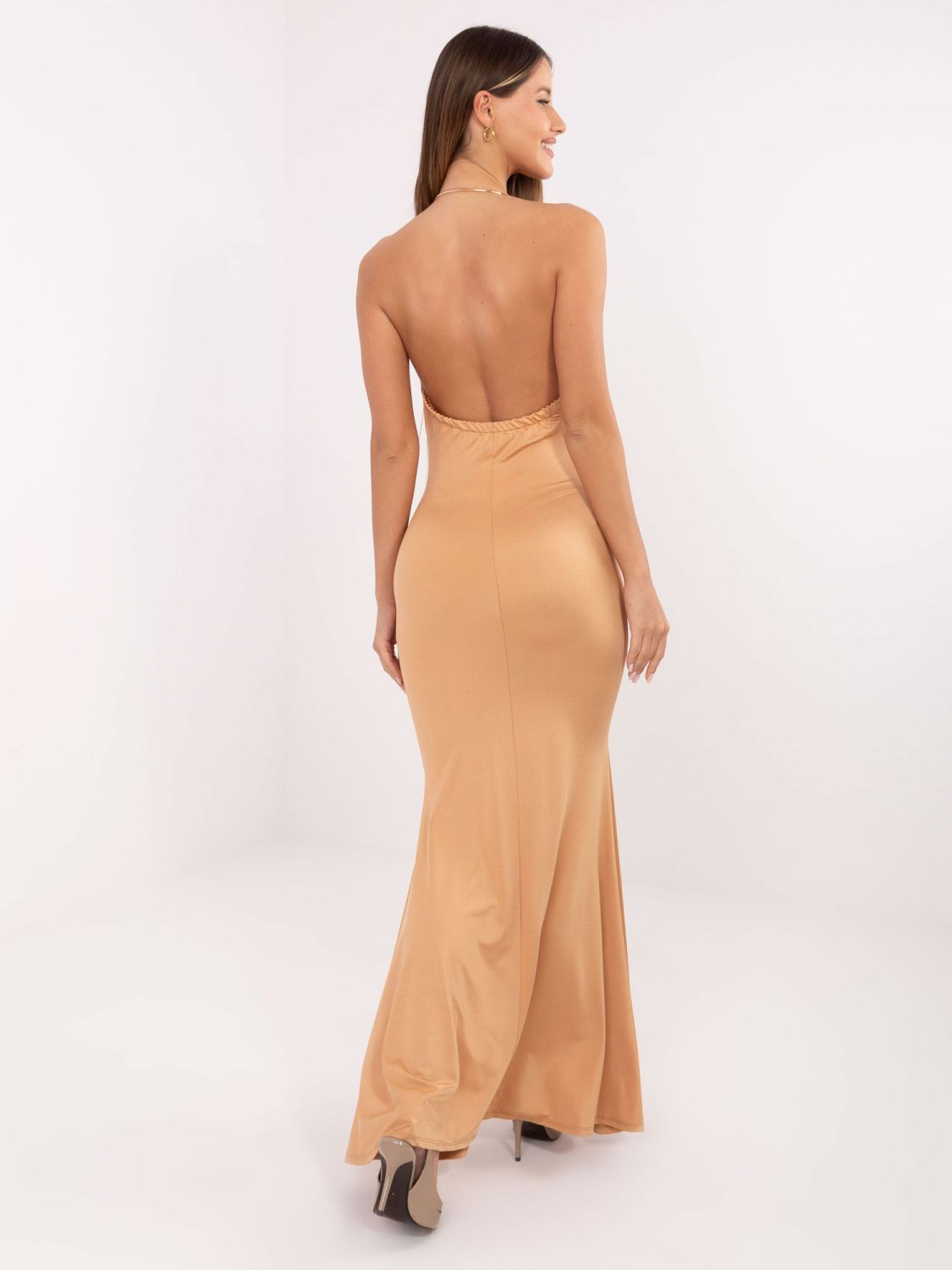 Elegant camel maxi dress with waterfall neckline