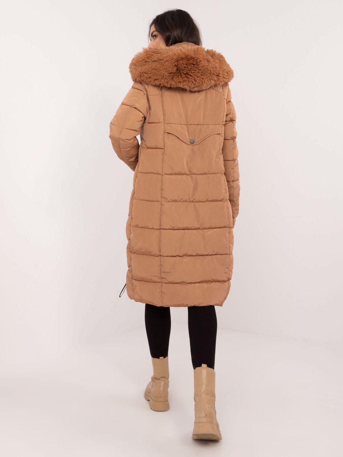 Women's brown quilted winter coat with detachable hood