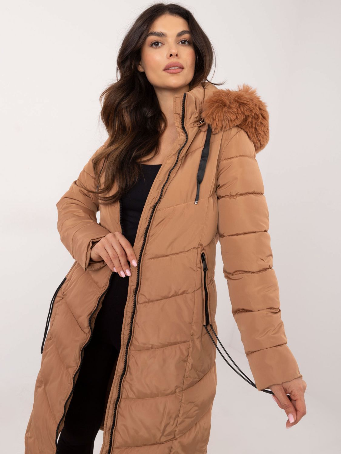 Women's brown quilted winter coat with detachable hood