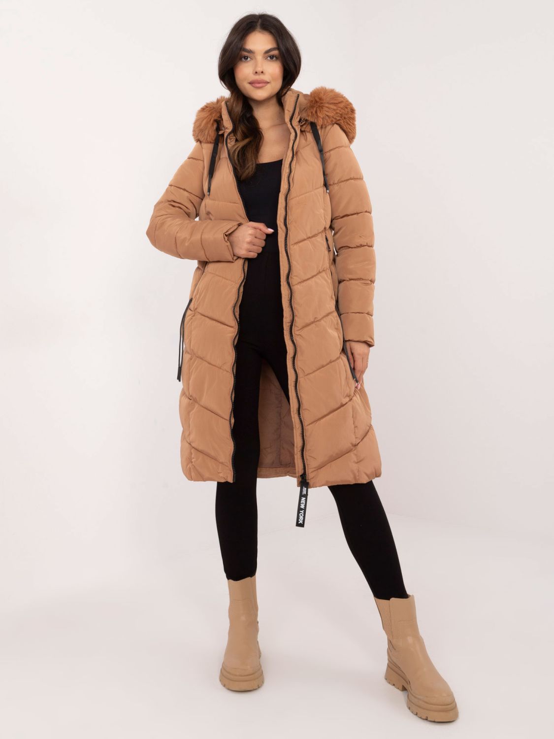 Women's brown quilted winter coat with detachable hood
