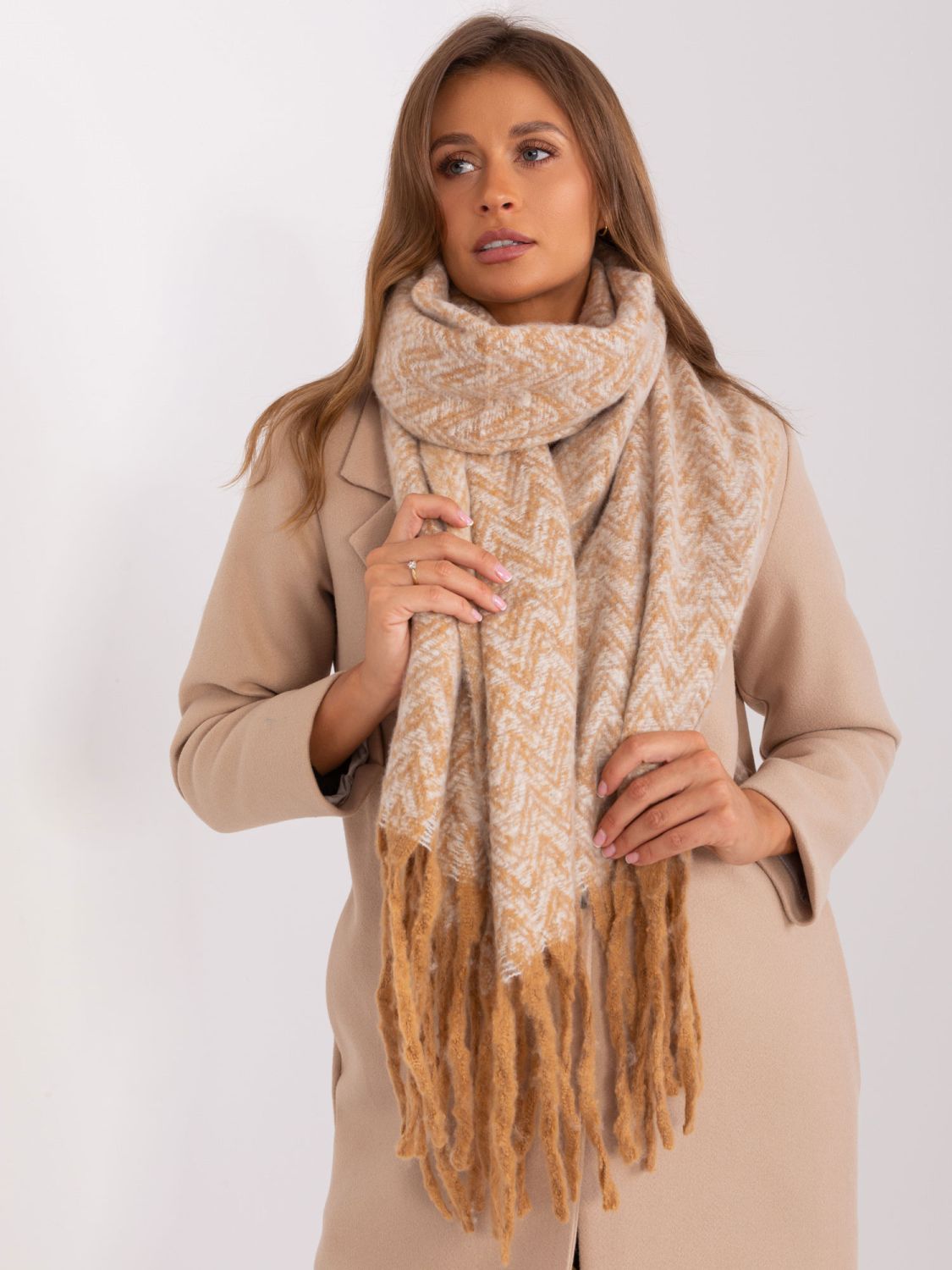 Beige Geometric Scarf with Fringes