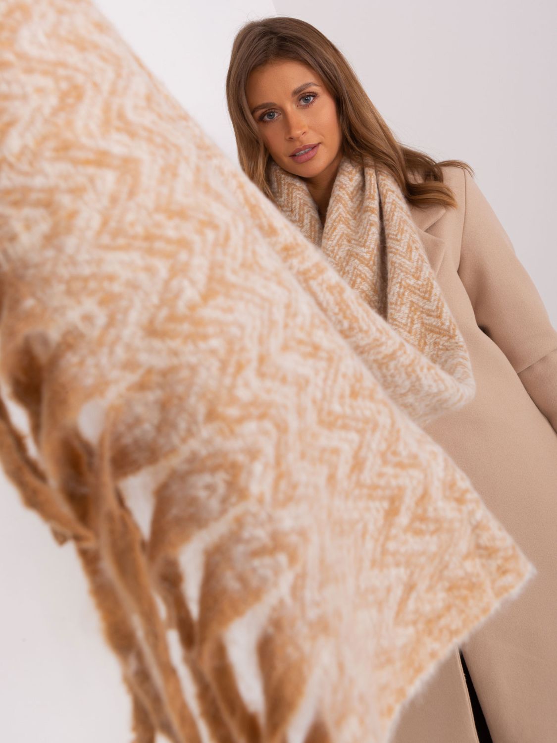 Beige Geometric Scarf with Fringes