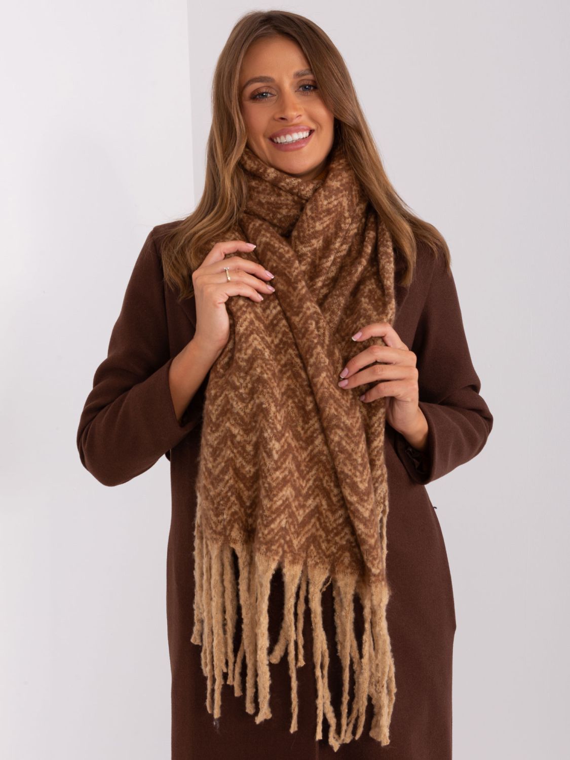 Brown Geometric Scarf with Fringes