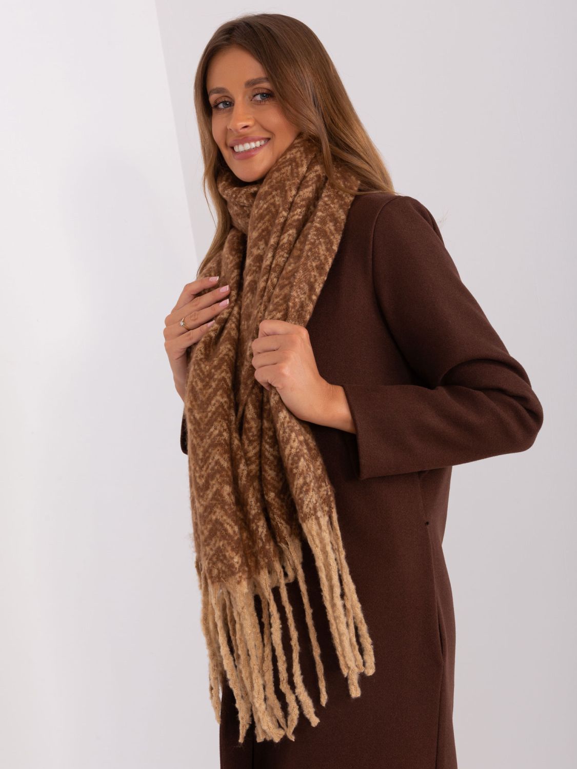 Brown Geometric Scarf with Fringes