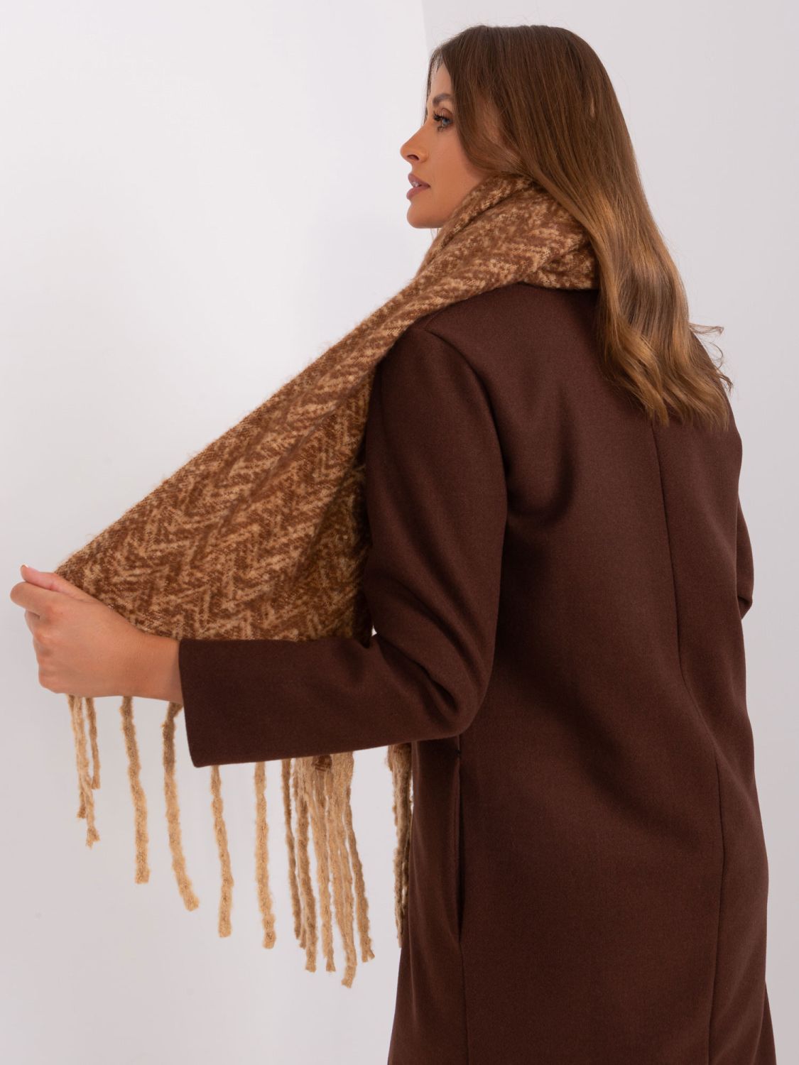 Brown Geometric Scarf with Fringes