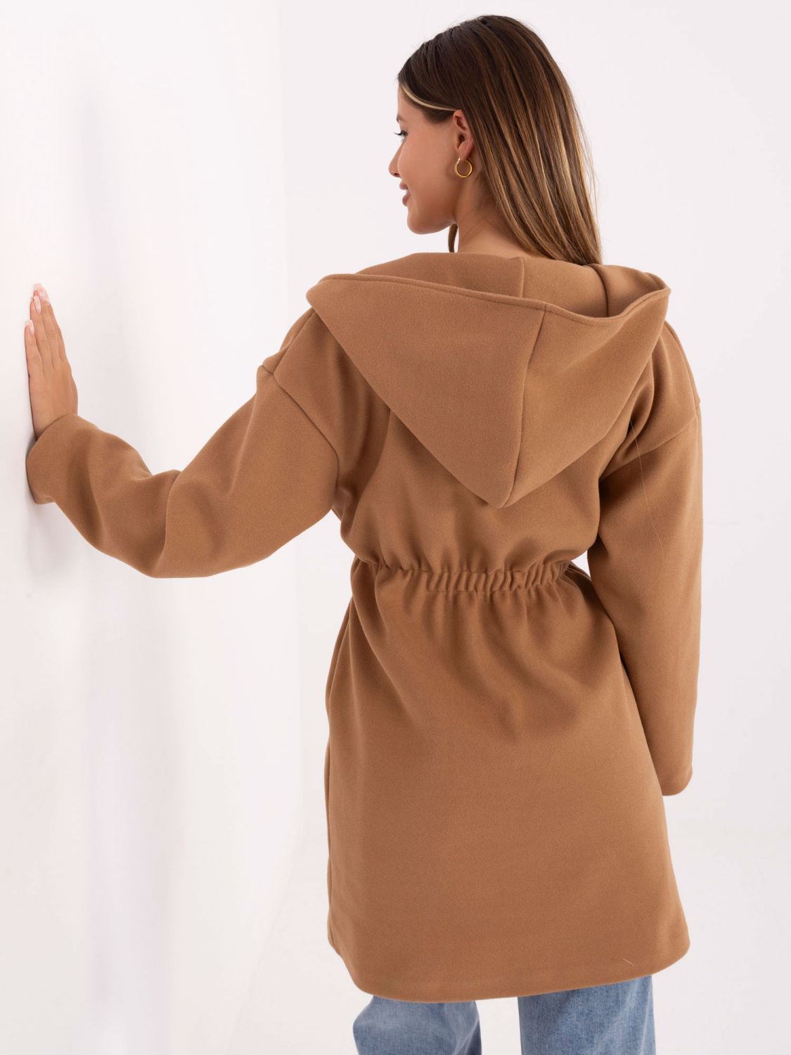 Stylish transitional coat with hood in camel brown