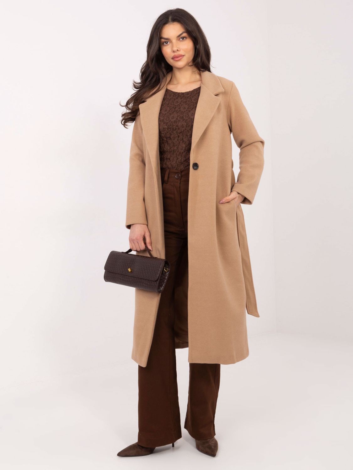 Camel transitional coat with belt