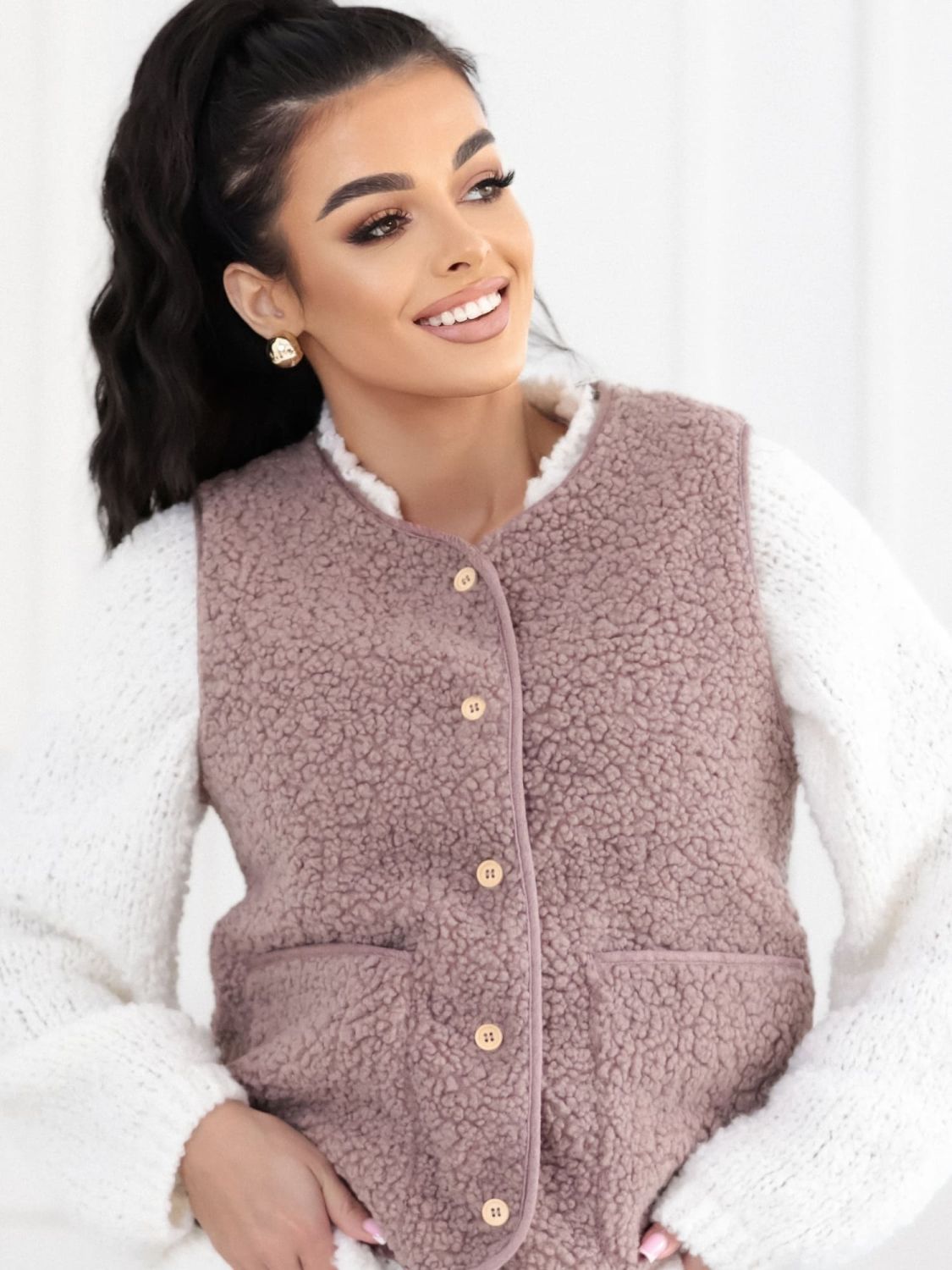 Beige faux fur vest with buttons