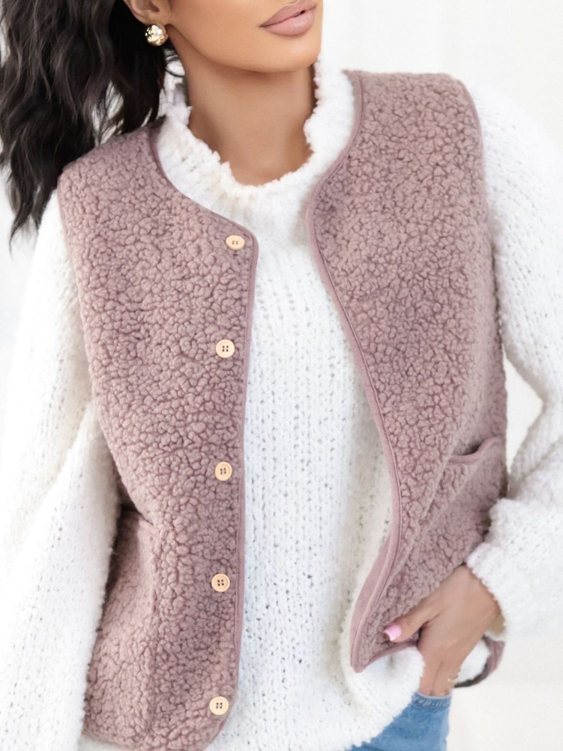 Beige faux fur vest with buttons