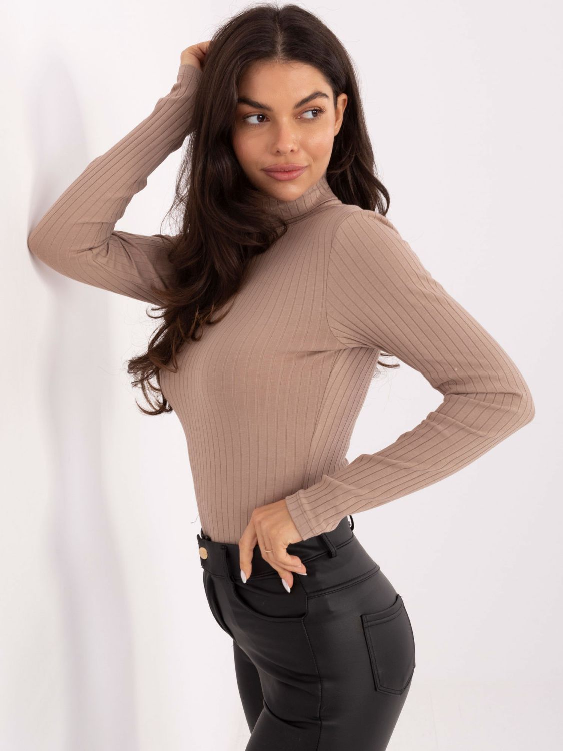 Beige ribbed turtleneck blouse