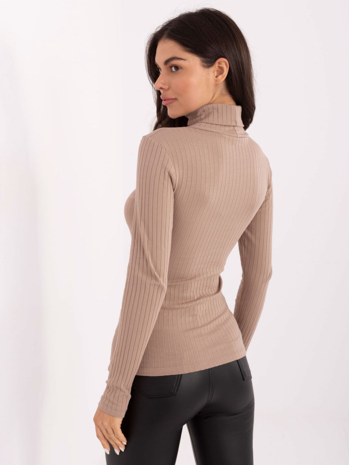Beige ribbed turtleneck blouse