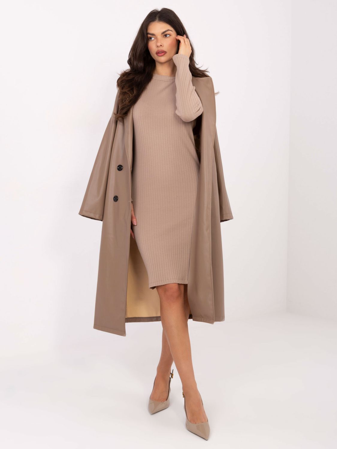 Beige ribbed pencil dress with long sleeves