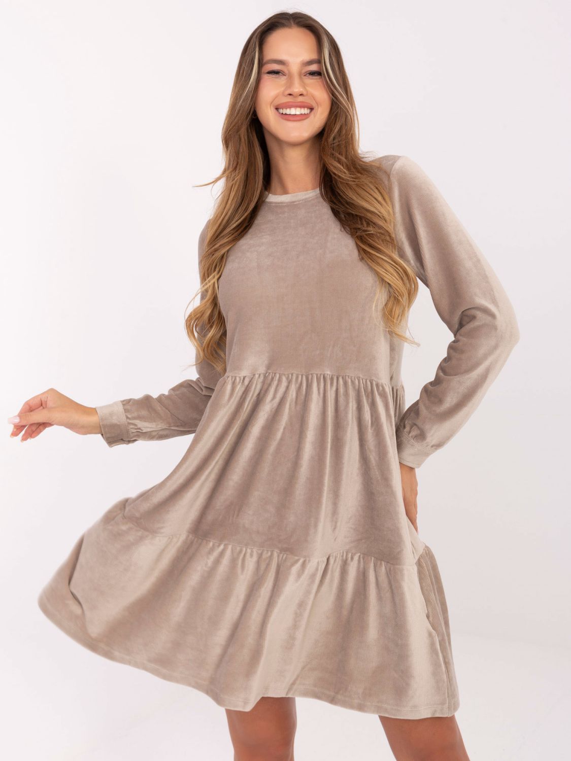 Beige flared dress with ruffle