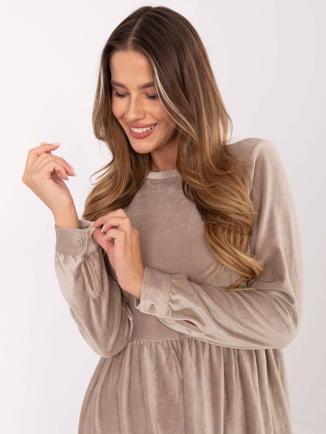 Beige flared dress with ruffle