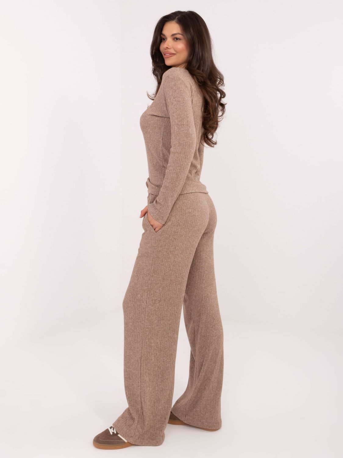 Beige wide ribbed knit trousers with high waist