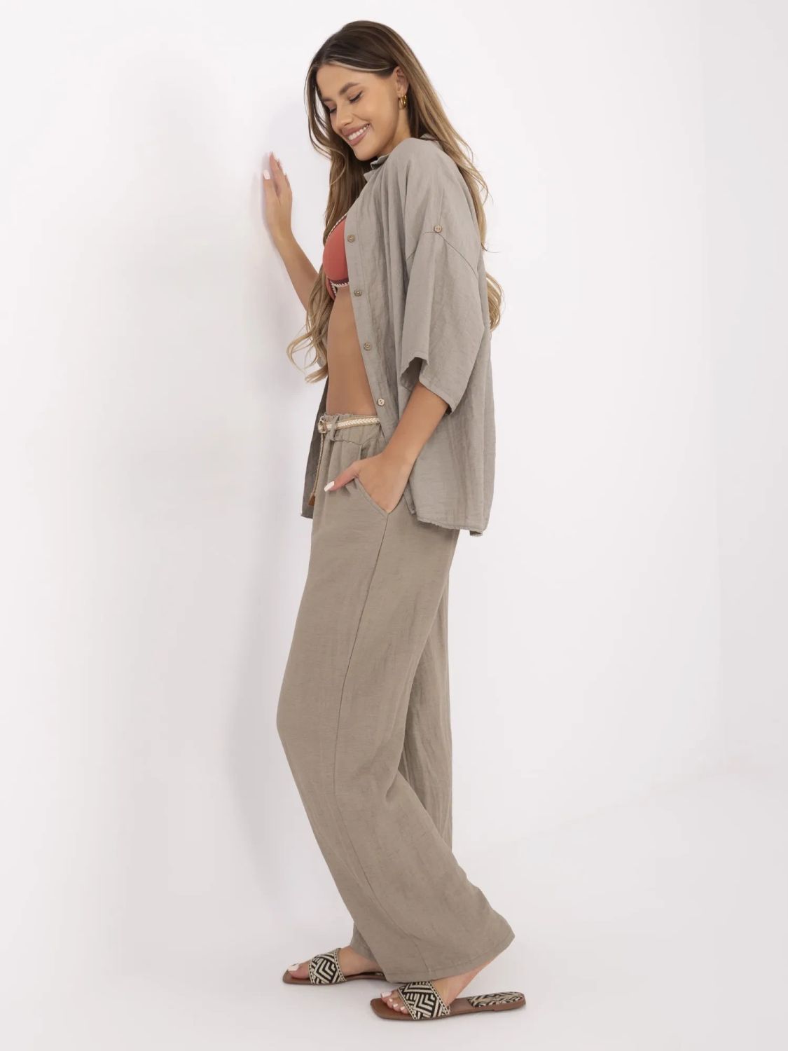 Beige Wide Leg Pants with Belt