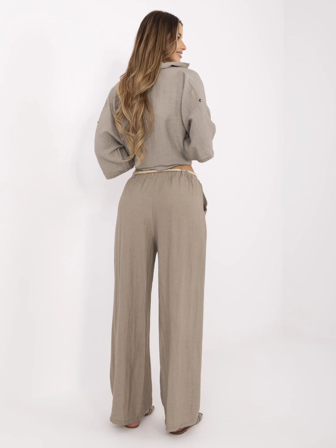 Beige Wide Leg Pants with Belt