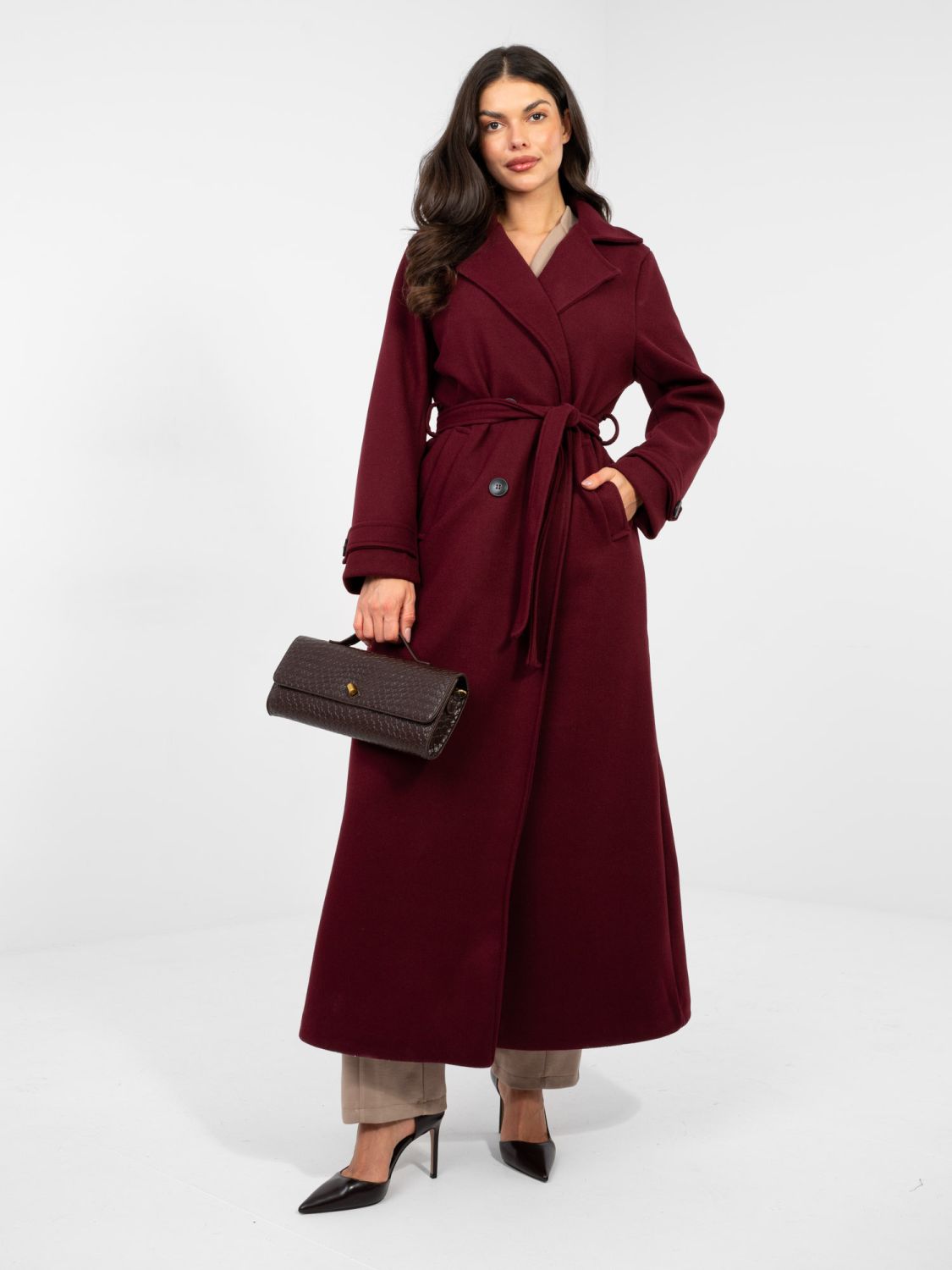 Elegant red transitional coat with belt