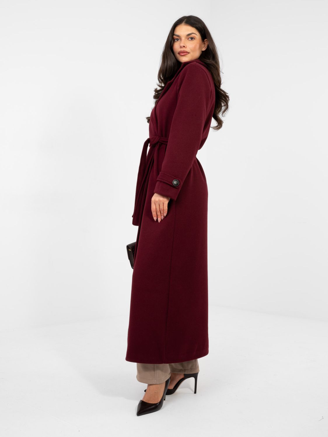 Elegant red transitional coat with belt