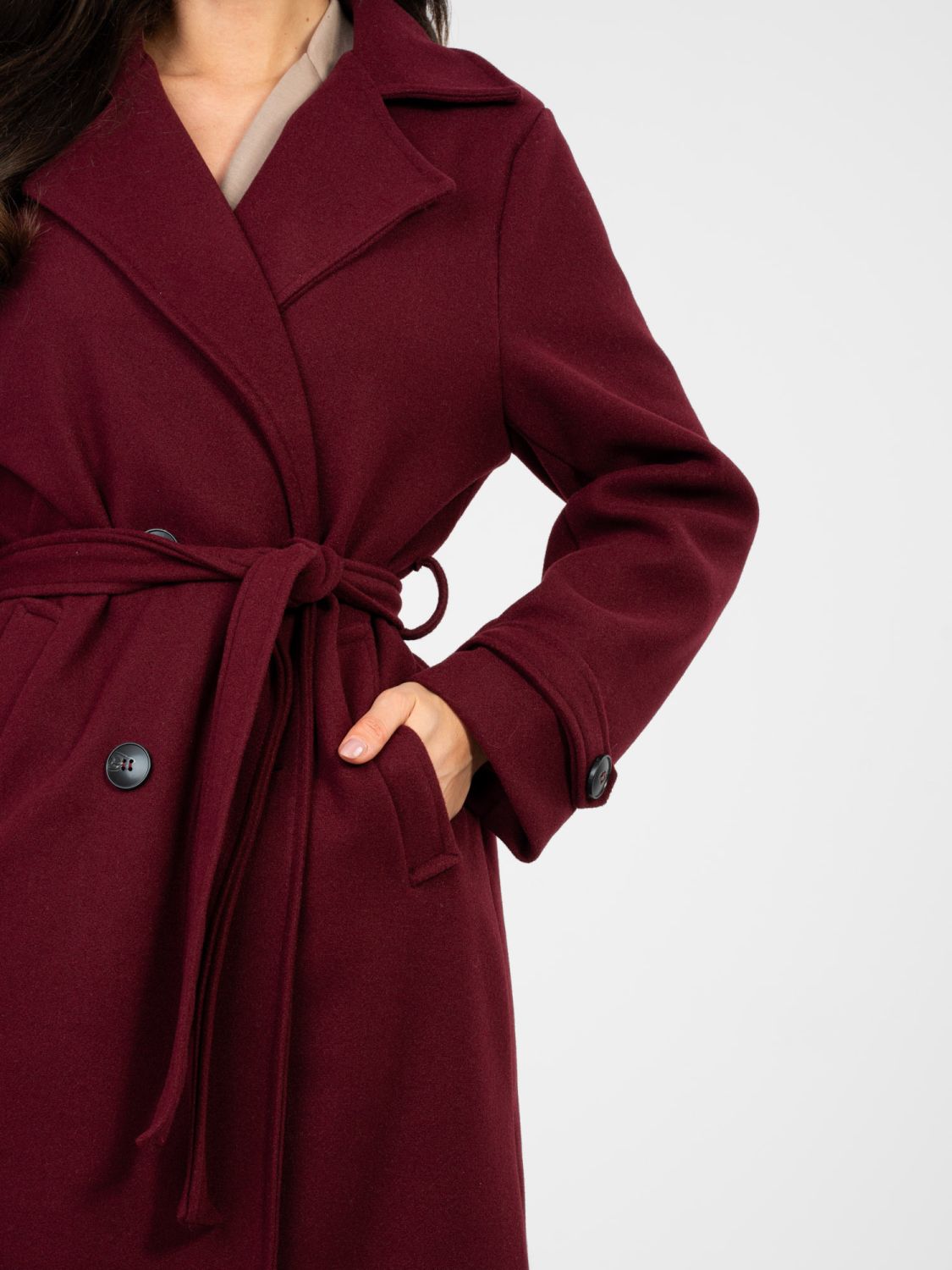 Elegant red transitional coat with belt