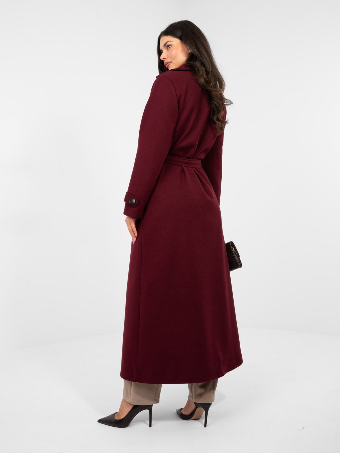 Elegant red transitional coat with belt