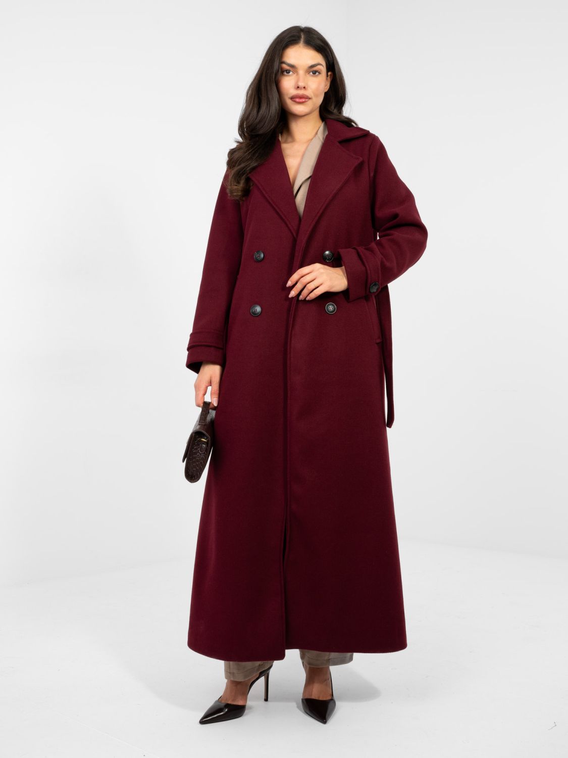 Elegant red transitional coat with belt