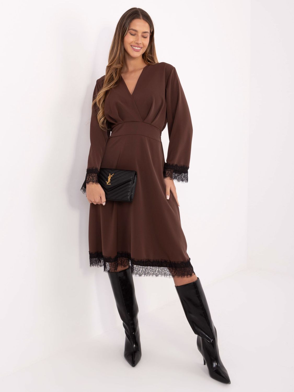 Elegant brown midi dress with lace and long sleeves