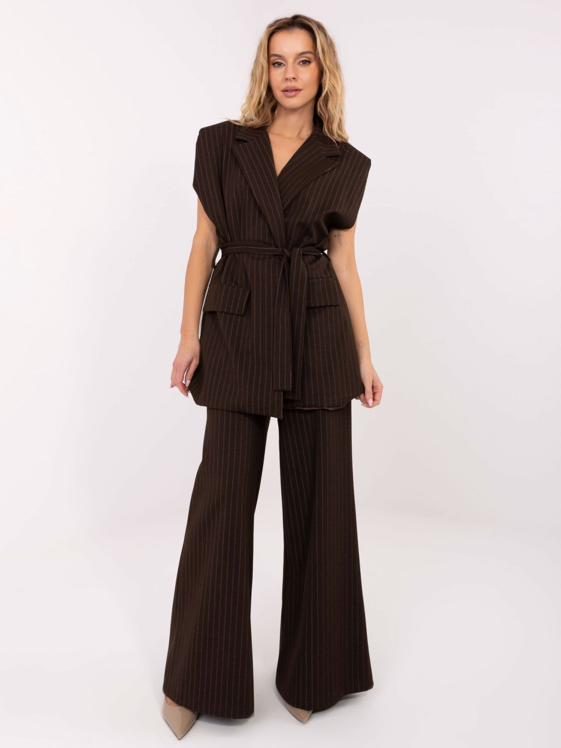 Elegant brown striped vest with belt