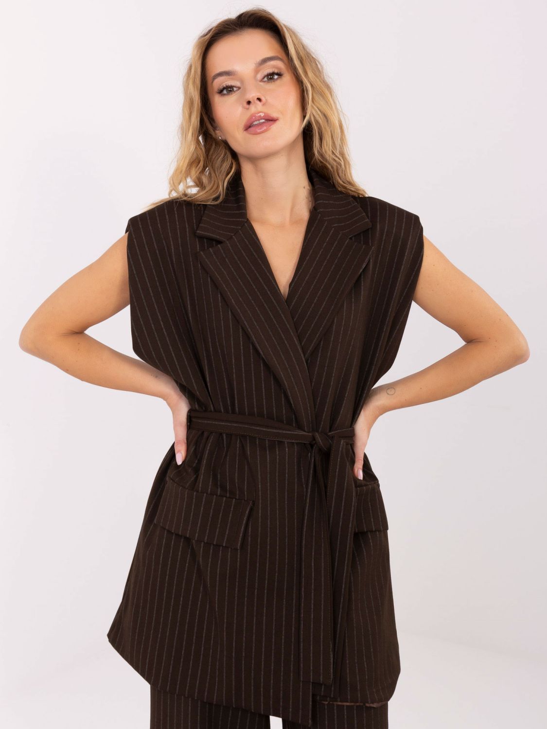 Elegant brown striped vest with belt