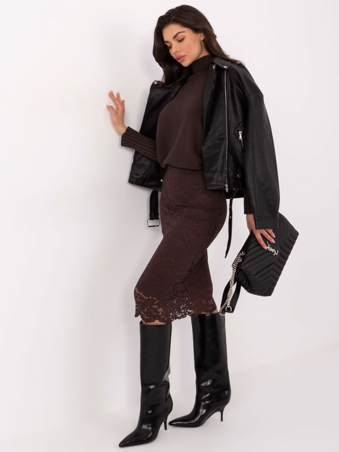 Elegant midi skirt with lace and lining, brown