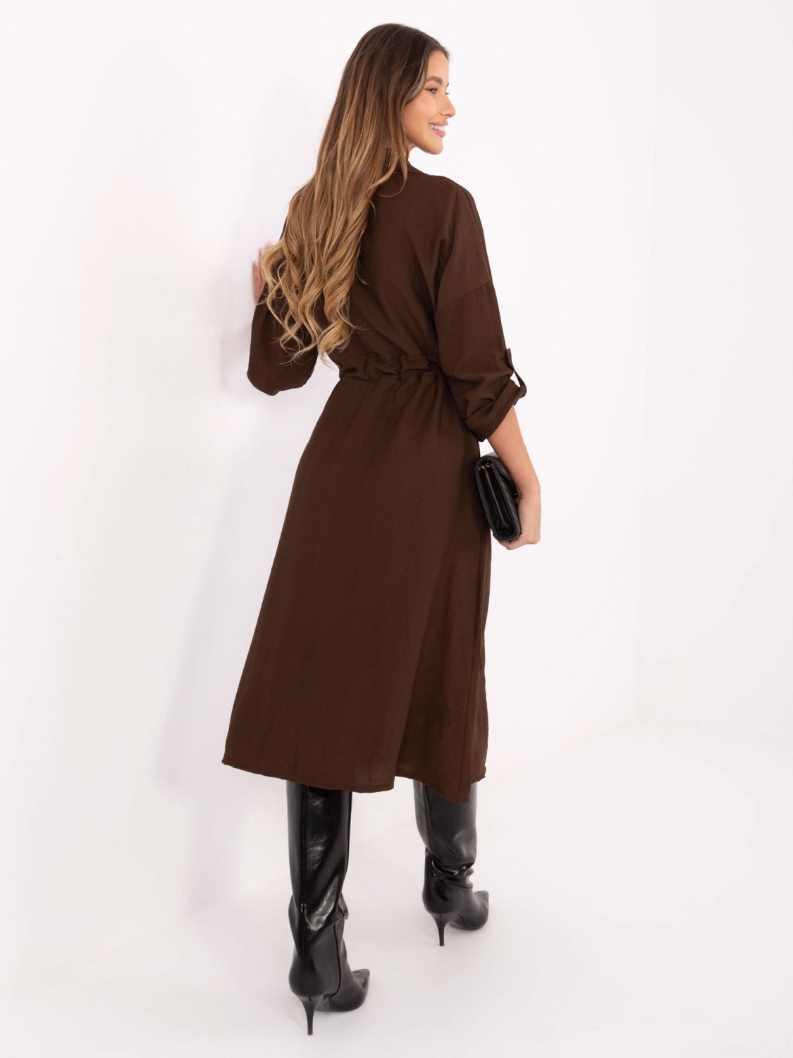 Brown flared midi dress with collar and pockets