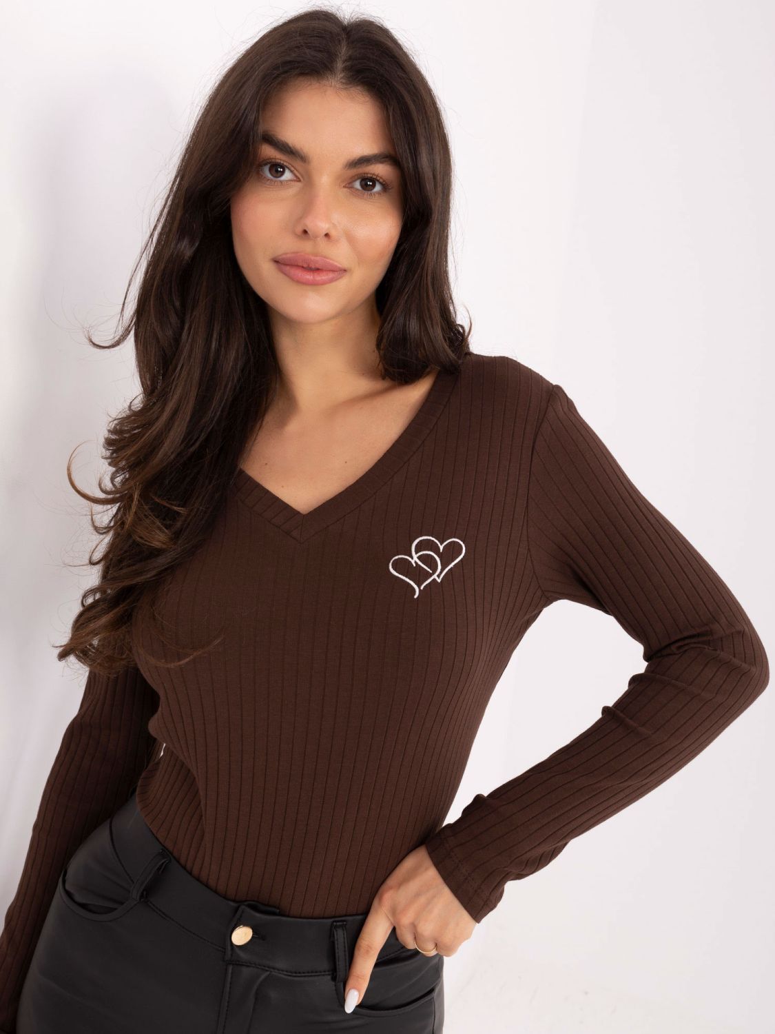 Brown cotton blouse with embroidery and V-neck