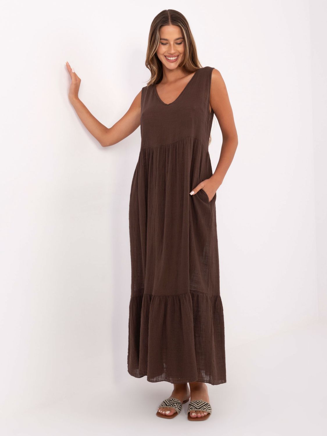 Maxi Dress with V Neckline in Dark Brown