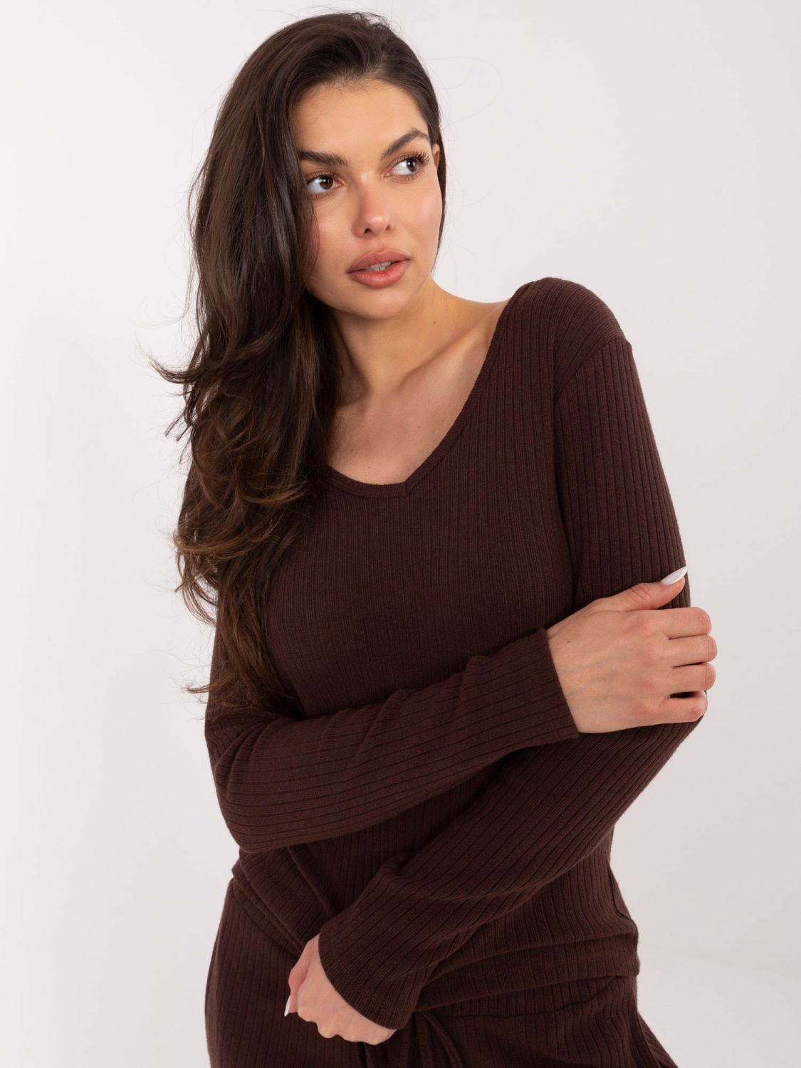 Brown Ribbed V-Neck Sweater