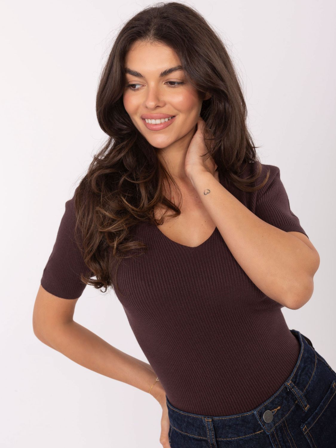 Brown Ribbed V-Neck Sweater