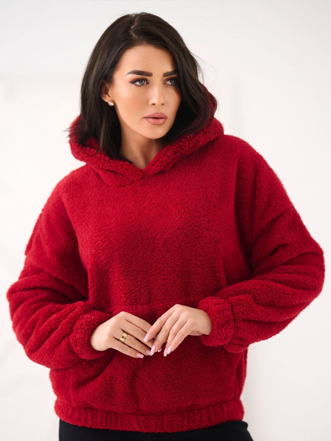 Women's dark red hoodie with hood and pocket