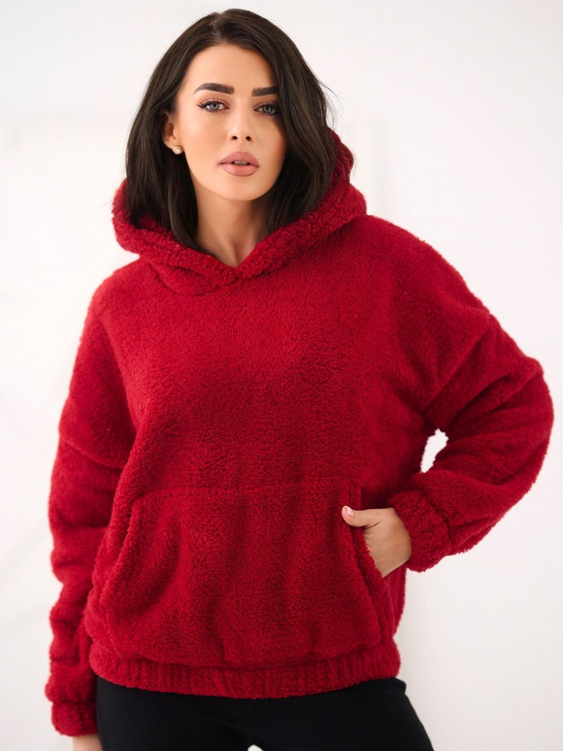 Women's dark red hoodie with hood and pocket