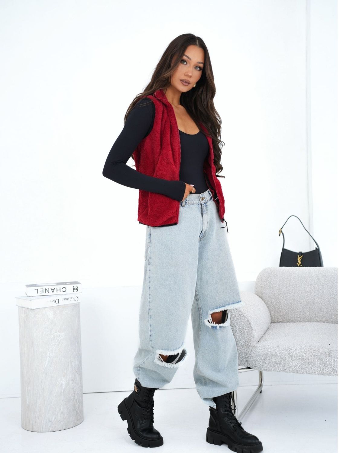 Women's dark red faux fur vest