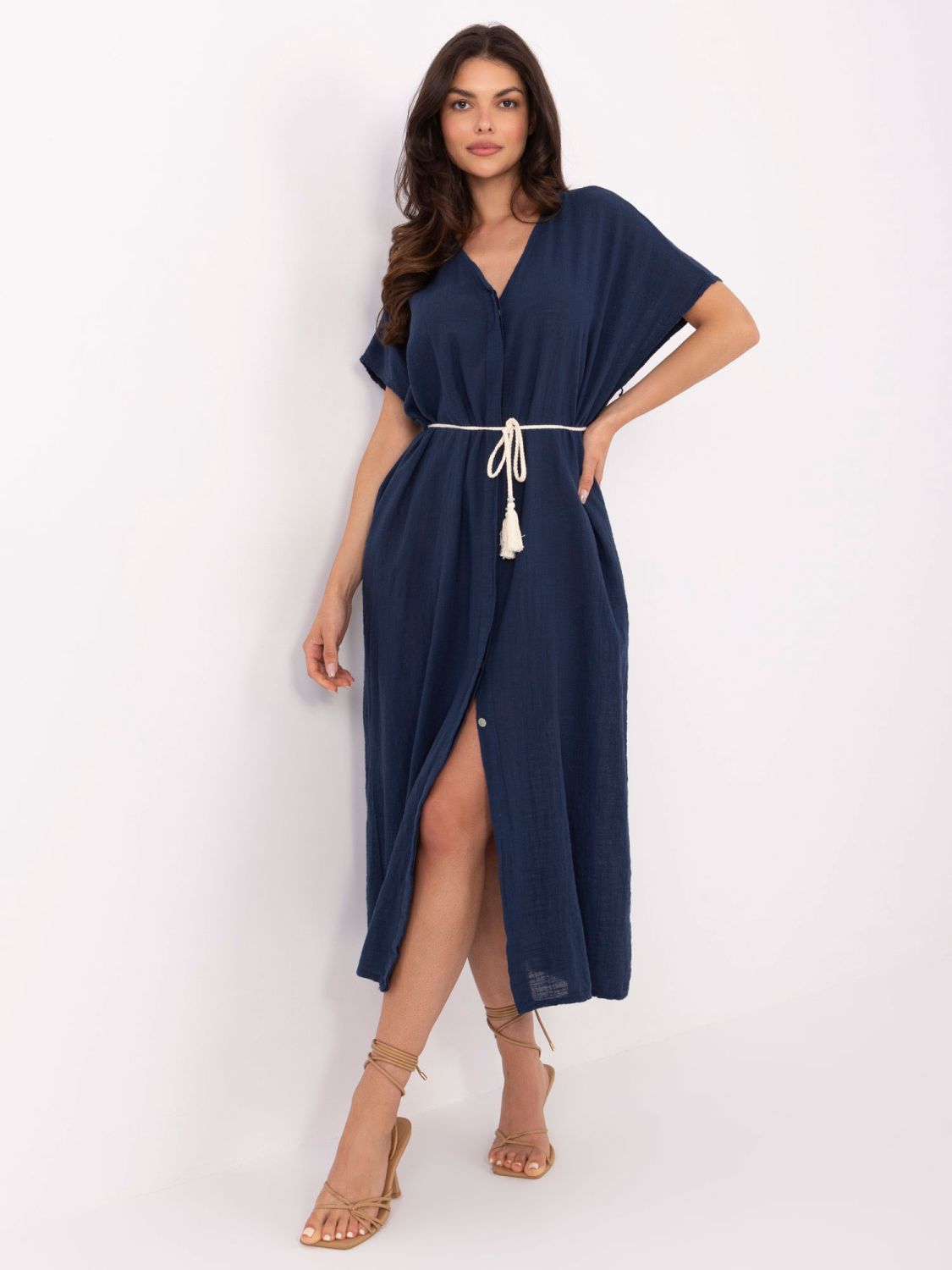 Oversize Blue Summer Dress with Belt and Pockets