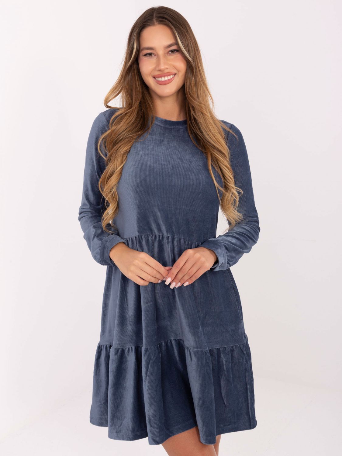 Dark Blue Flared Dress with Ruffle