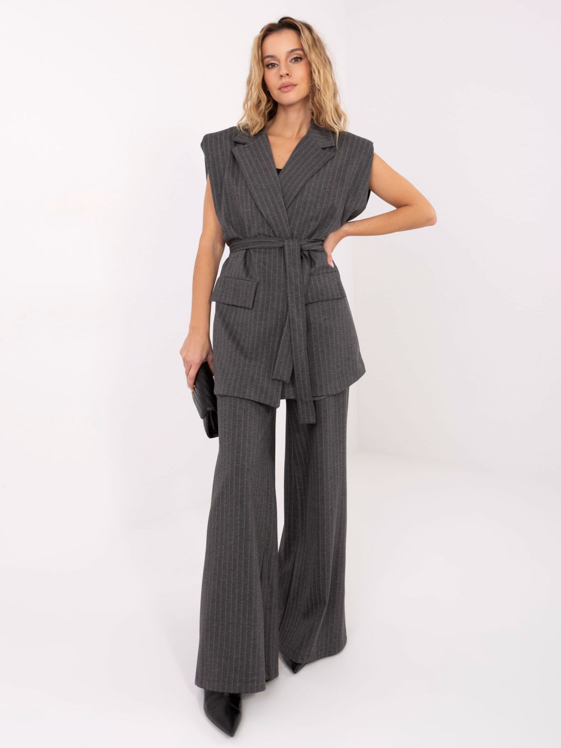 Elegant grey striped vest with belt