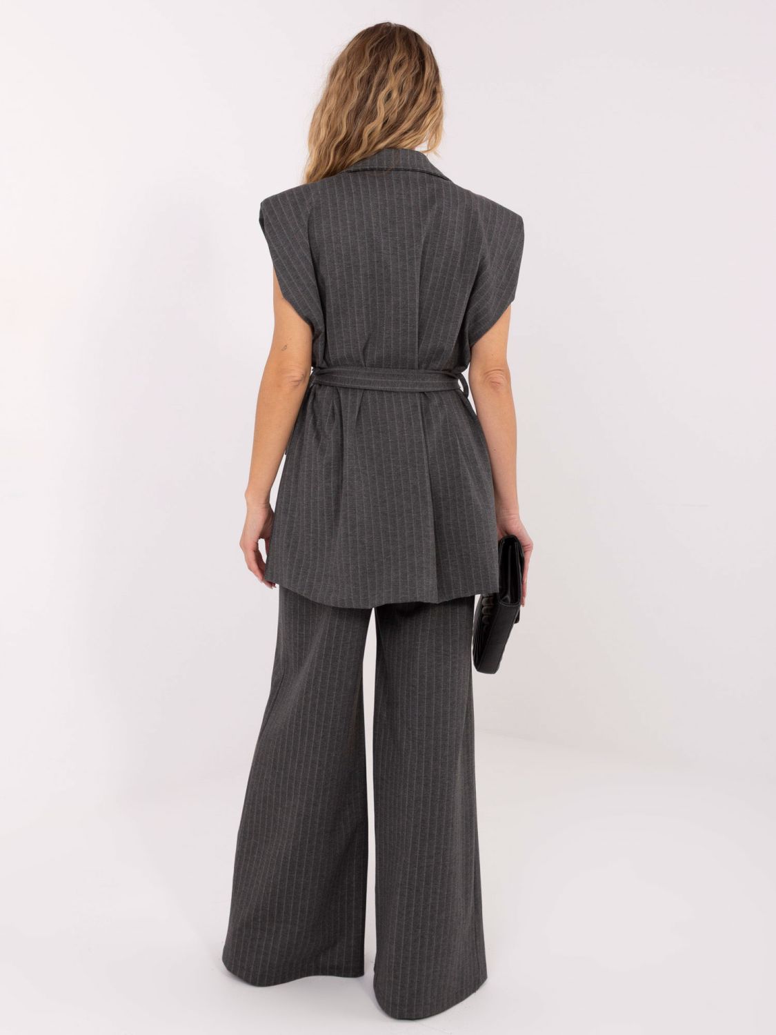 Elegant grey striped vest with belt