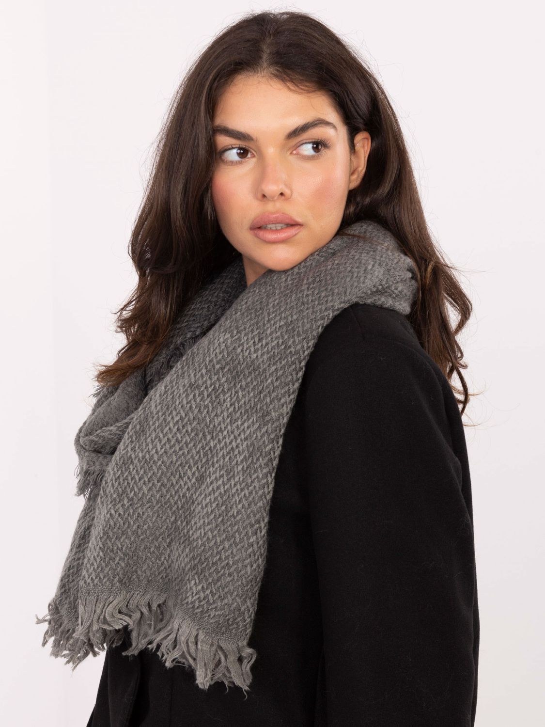 Dark grey herringbone scarf with fringes