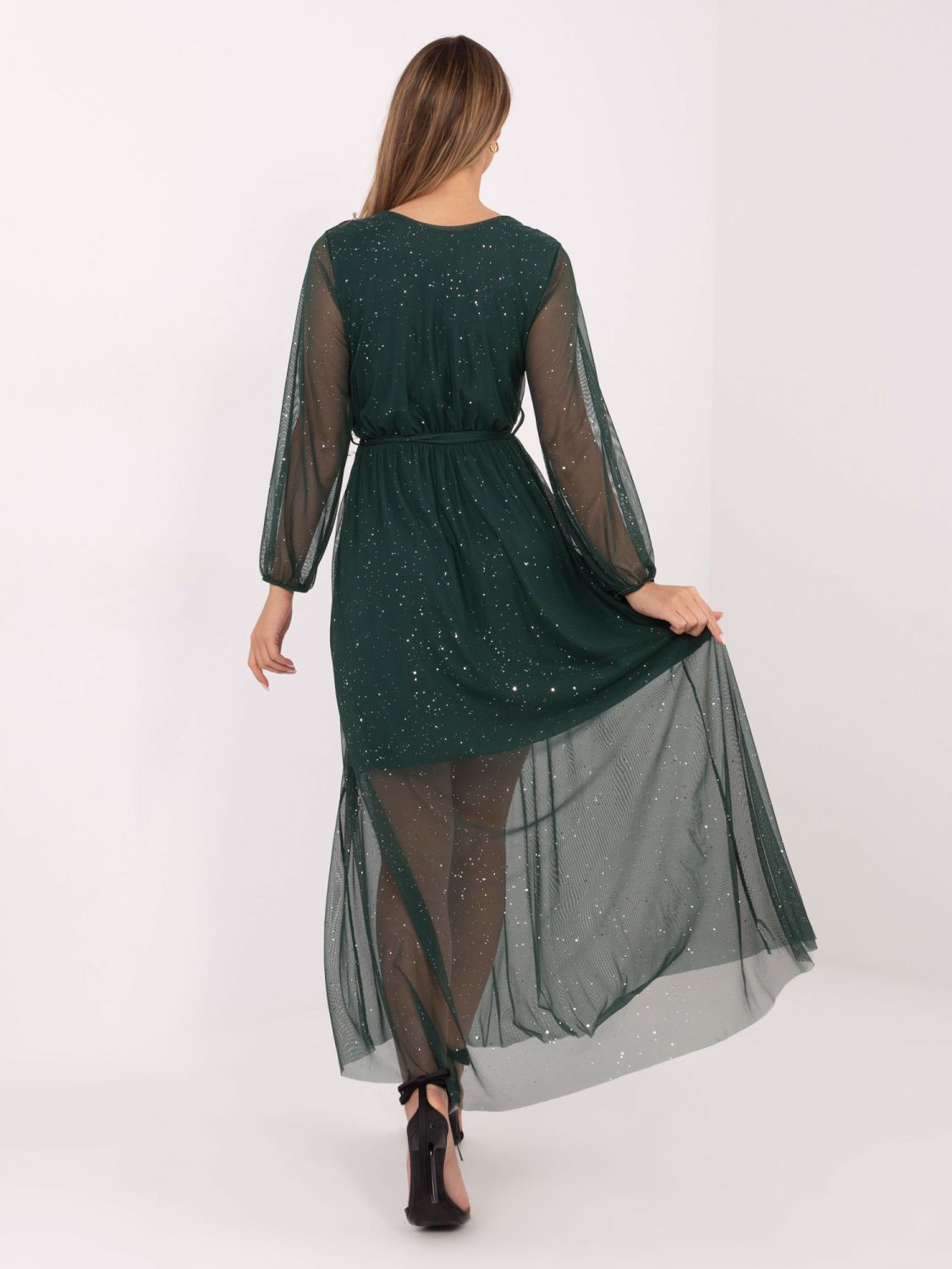 Elegant maxi dress with appliqué and belt, dark green