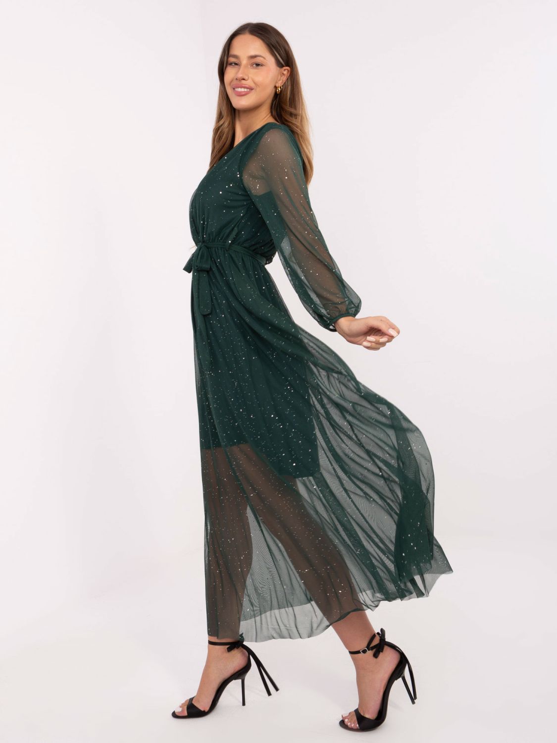 Elegant dark green maxi dress with belt