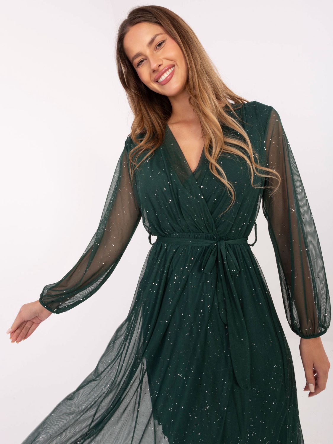 Elegant dark green maxi dress with belt