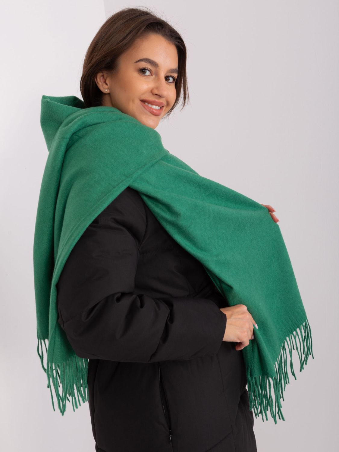 Dark Green Knitted Scarf with Fringes