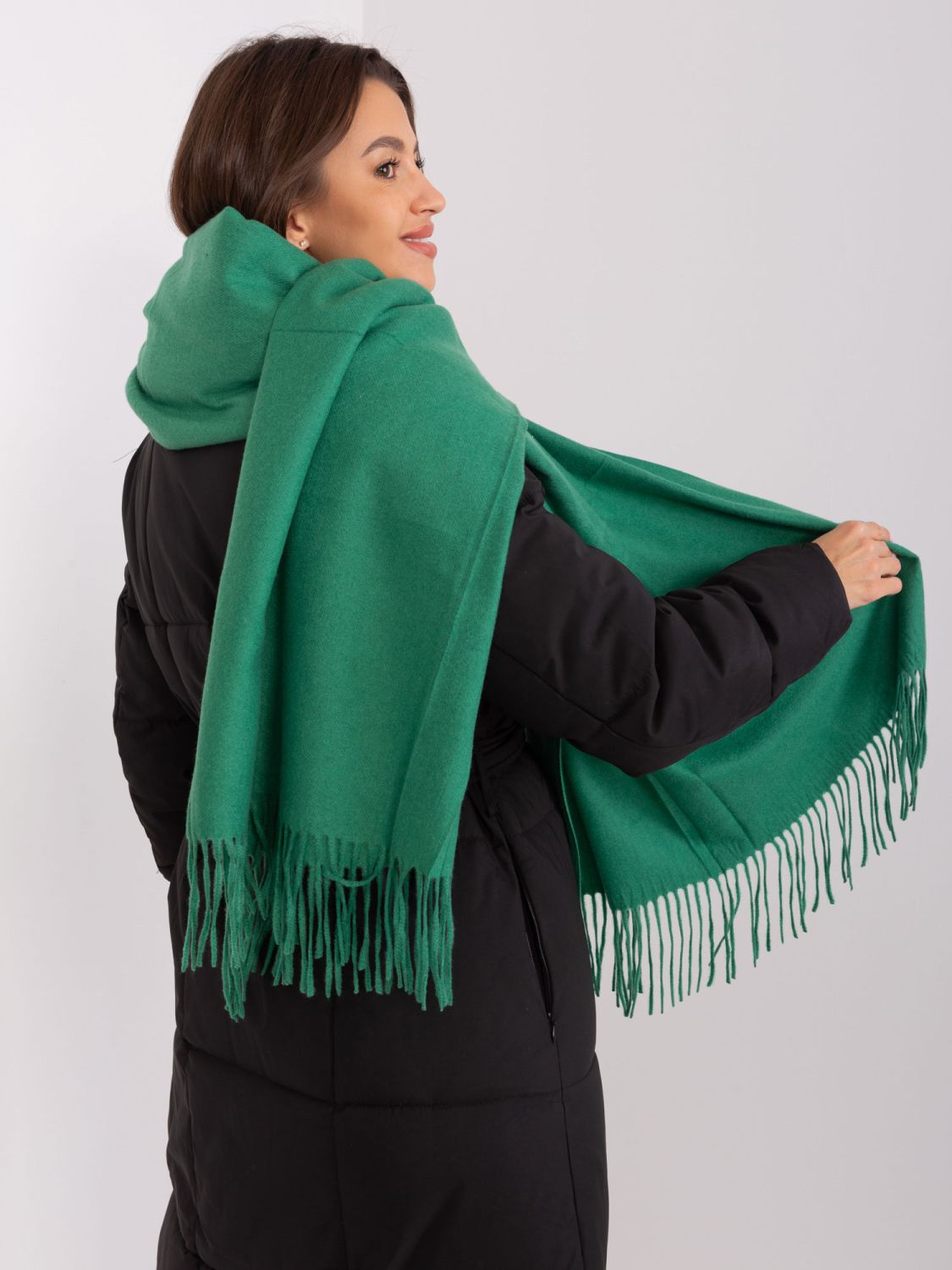 Dark Green Knitted Scarf with Fringes
